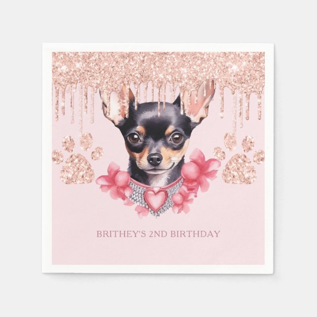 Elegant Chihuahua with Glitter Birthday Party Napkins (Front)