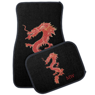 Elegant Chinese Black Red Gold Dragon Monogram Car Car Floor Mat