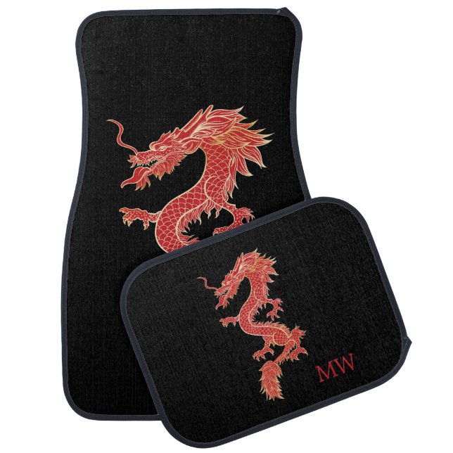 Elegant Chinese Black Red Gold Dragon Monogram Car Car Floor Mat (Set)