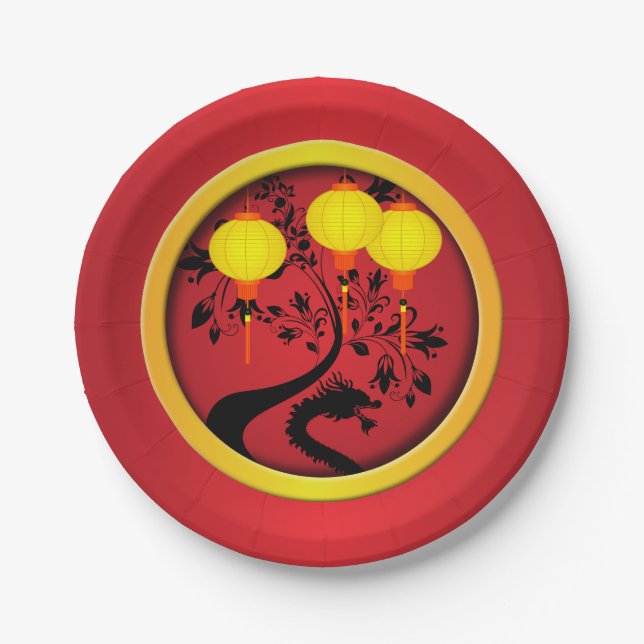 Elegant Chinese New Year Dragon Lanterns Paper Plates (Front)