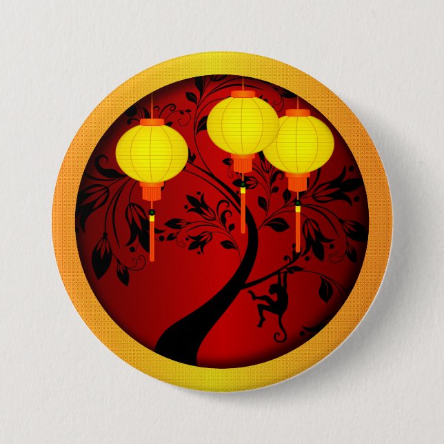Elegant Chinese New Year Monkey with Gold Lanterns Button (Front)