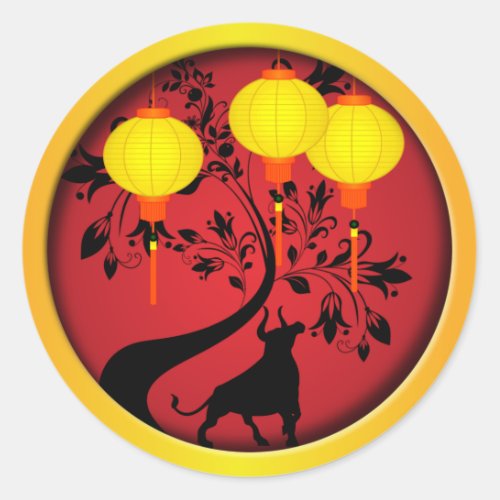 Elegant Chinese New Year OX Gold Lanterns Classic Round Sticker
