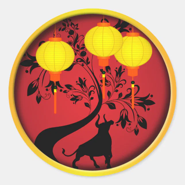 Elegant Chinese New Year OX Gold Lanterns Classic Round Sticker | Zazzle