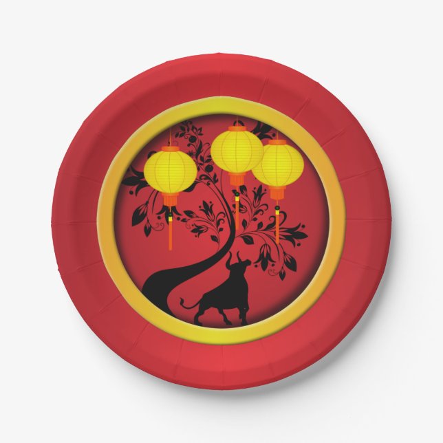Elegant Chinese New Year Ox Lanterns Paper Plates (Front)
