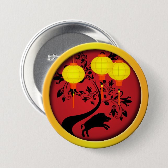 Elegant Chinese New Year Pig Gold Lanterns Button (Front & Back)