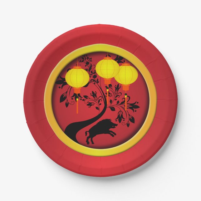 Elegant Chinese New Year Pig Lanterns Paper Plates (Front)