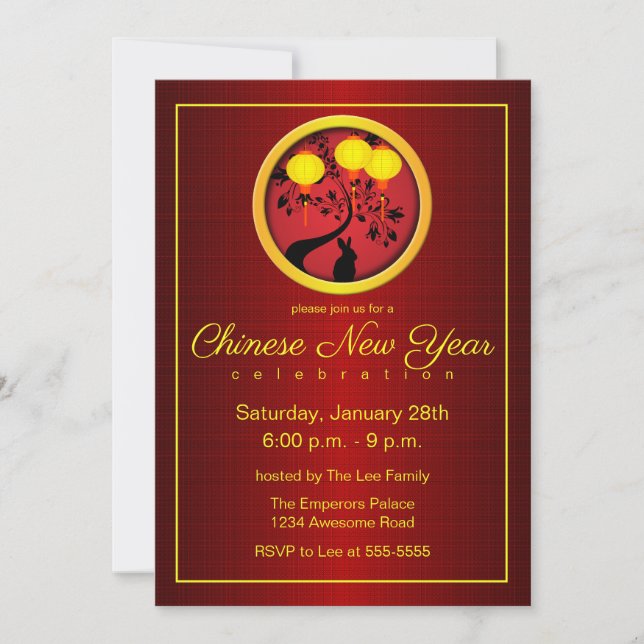 Elegant Chinese New Year Rabbit Gold Lanterns Invitation (Front)