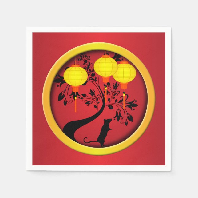 Elegant Chinese New Year Rat Gold Lanterns Napkins (Front)