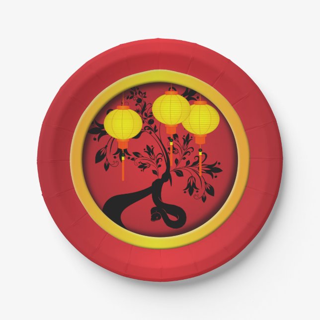 Elegant Chinese New Year Snake Gold Lanterns Paper Plates (Front)