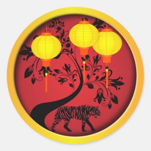 Elegant Chinese New Year Tiger Gold Lanterns Classic Round Sticker