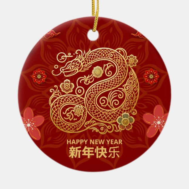 Elegant Chinese New Year with Gold Snake Ceramic Ornament (Front)