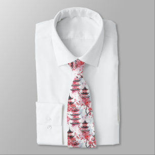Elegant Chinese Pagoda Cherry Blossom Neck Tie