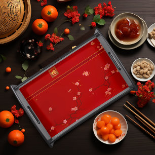 Elegant Chinese Red Cherry Blossom Serving Tray