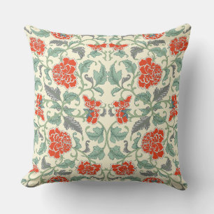 Elegant Chinese Red Green Floral Pattern Throw Pillow