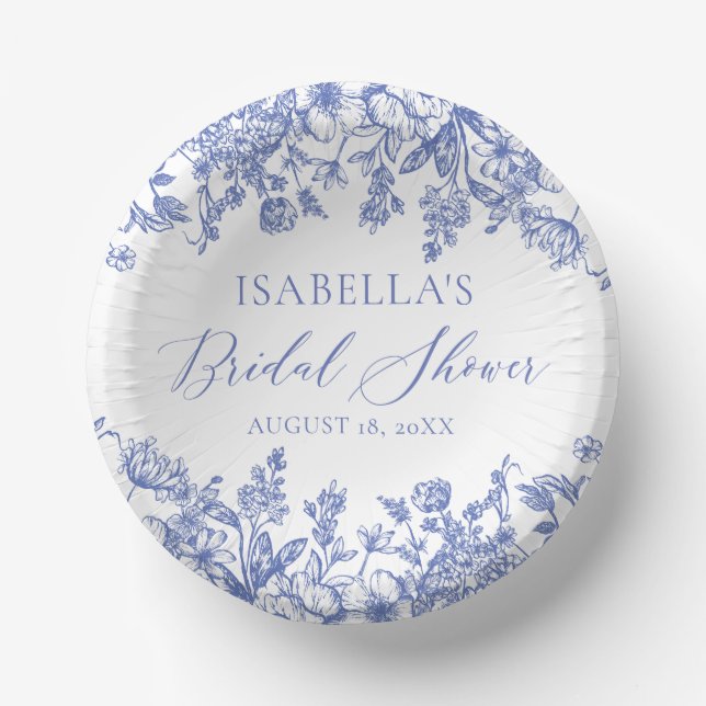 Elegant Chinoise Dusty Blue Floral Bridal Shower Paper Bowls (Front)