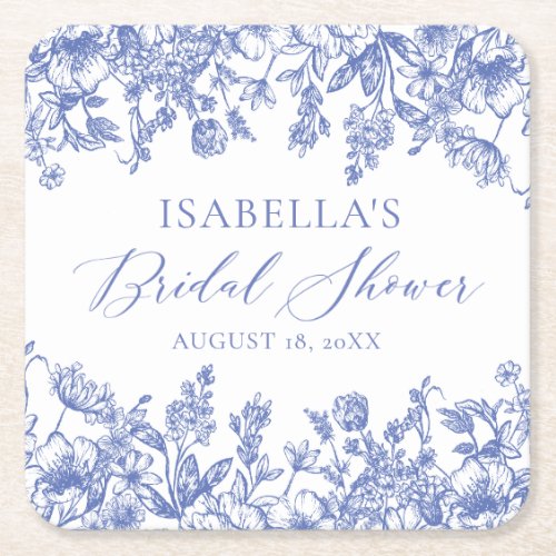 Elegant Chinoise Dusty Blue Floral Bridal Shower Square Paper Coaster