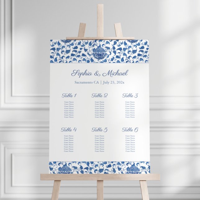 Elegant Chinoiserie Blue 6 Tables Seating Chart Foam Board (Chinoiserie Chic Hand Painted Watercolor Pattern Blue And White 6 Tables Wedding Seating Chart)