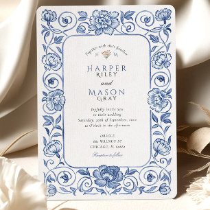 Elegant Chinoiserie Blue and White Floral Wedding Invitation