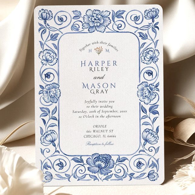 Elegant Chinoiserie Blue and White Floral Wedding Invitation (Creator Uploaded)