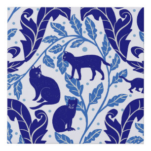 Elegant Chinoiserie Blue Black Cat-Whimsical Faux Canvas Print