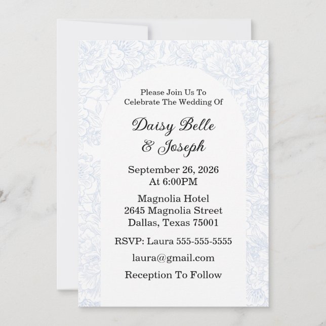 Elegant Chinoiserie Blue Floral Wedding Invitation (Front)