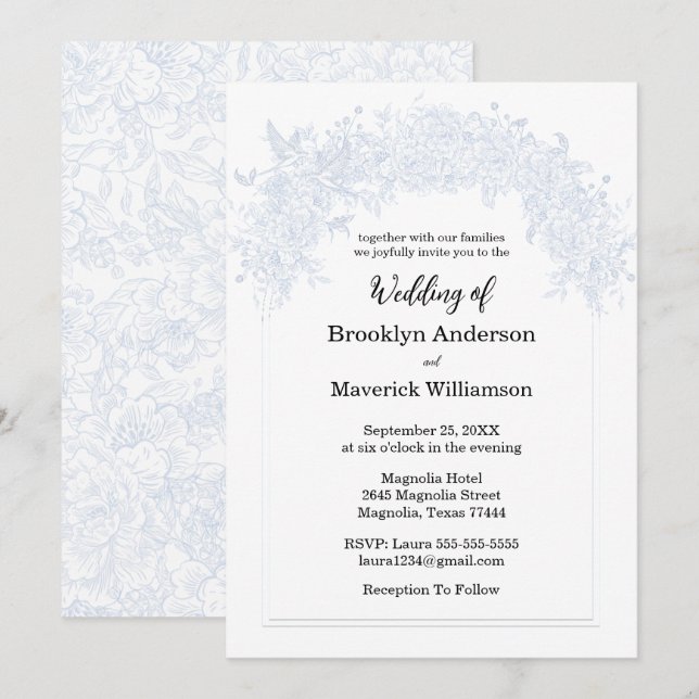 Elegant Chinoiserie Blue Floral Wedding Invitation (Front/Back)