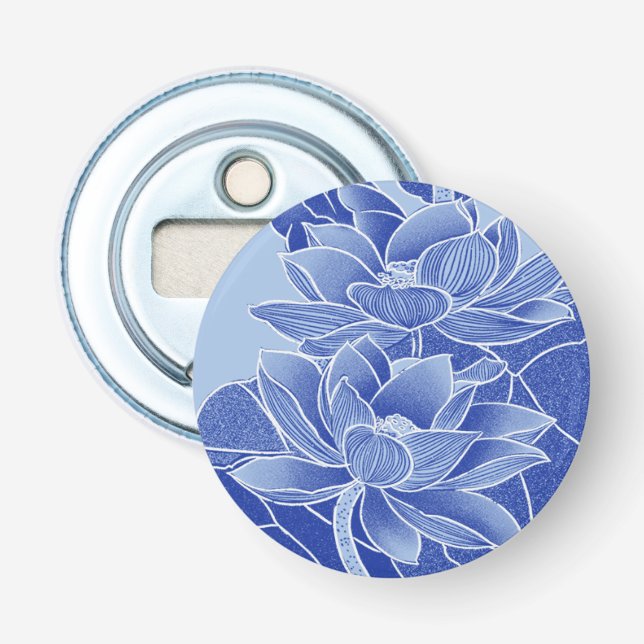 Elegant Chinoiserie Blue Flowers Lotus Mandala Bottle Opener (Front)