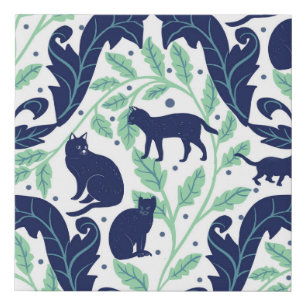 Elegant Chinoiserie Blue Mint Black Cat-Whimsical Faux Canvas Print