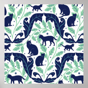 Elegant Chinoiserie Blue Mint Black Cat-Whimsical Poster