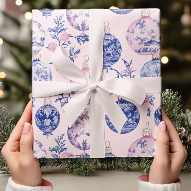 Elegant Chinoiserie Blue & Pink Christmas Ornament Wrapping Paper (Creator Uploaded)