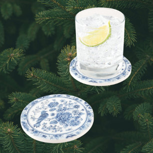 Elegant Chinoiserie Blue White Floral  Coaster