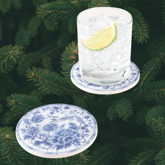 Elegant Chinoiserie Blue White Sandstone Coasters (Elegant blue and white chinoiserie coasters)