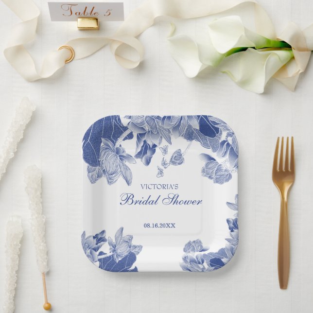 Elegant Chinoiserie Chic Blue White Floral Design  Paper Plates (Wedding)