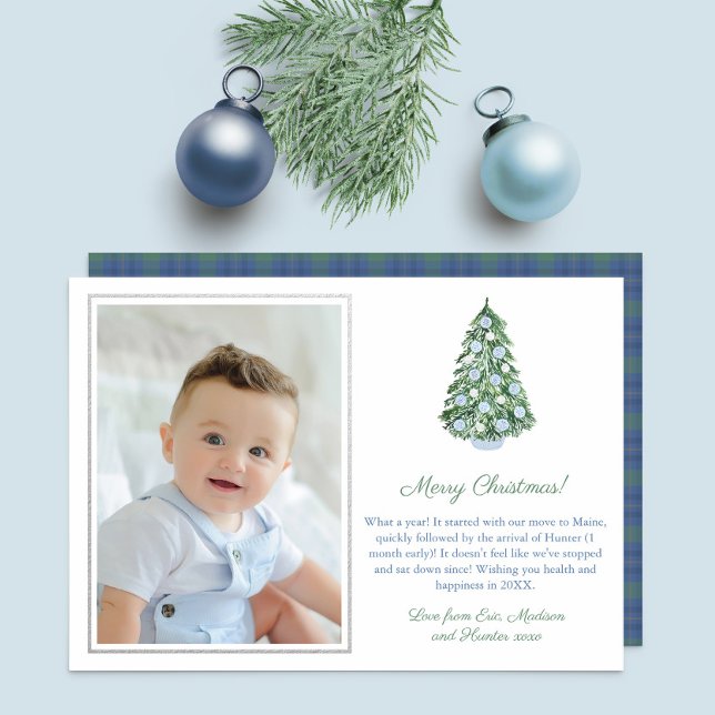 Elegant Chinoiserie Christmas Blue White Silver Foil Holiday Card (Simple elegant watercolor chinoiserie holidays card with photo and silver or gold foil elements)