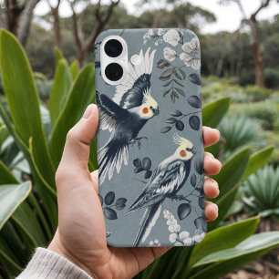 Elegant Chinoiserie Cockatiel Flight Blue Floral iPhone 16 Plus Case