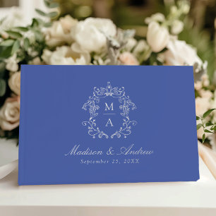 Elegant Chinoiserie Crest Monogram Blue Wedding Foil Guest Book