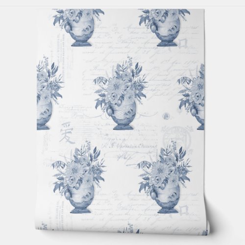 Elegant Chinoiserie English Floral Blue and White Wallpaper