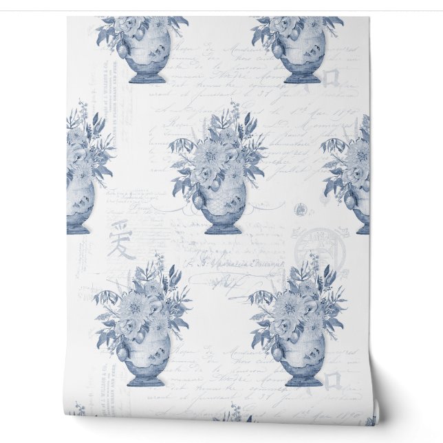 Elegant Chinoiserie English Floral Blue and White Wallpaper (Unrolling)