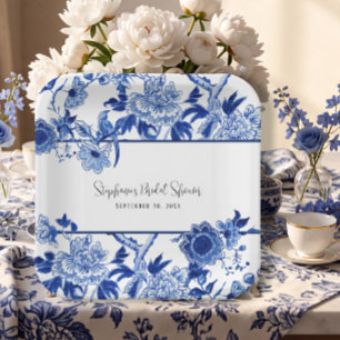 Elegant Chinoiserie Floral Blue and White Bridal   Paper Plates