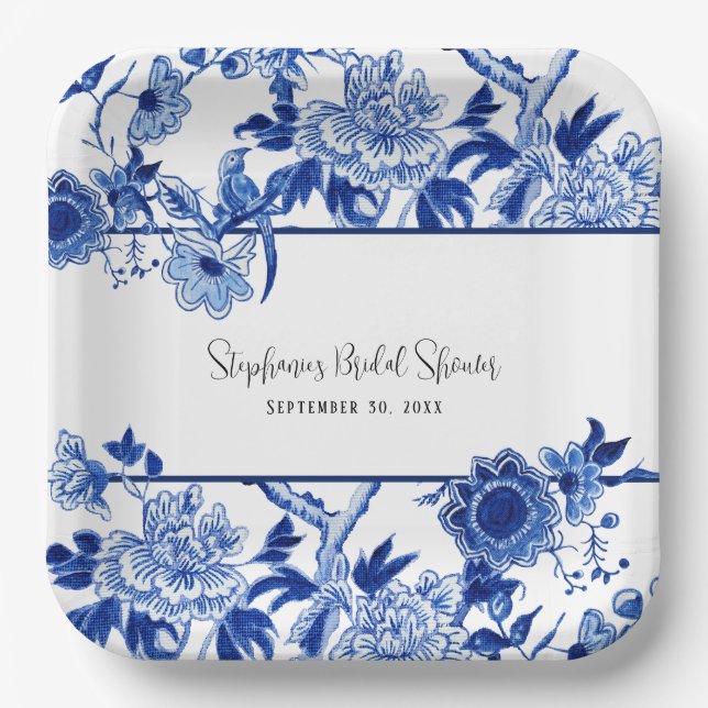 Elegant Chinoiserie Floral Blue and White Bridal   Paper Plates (Front)