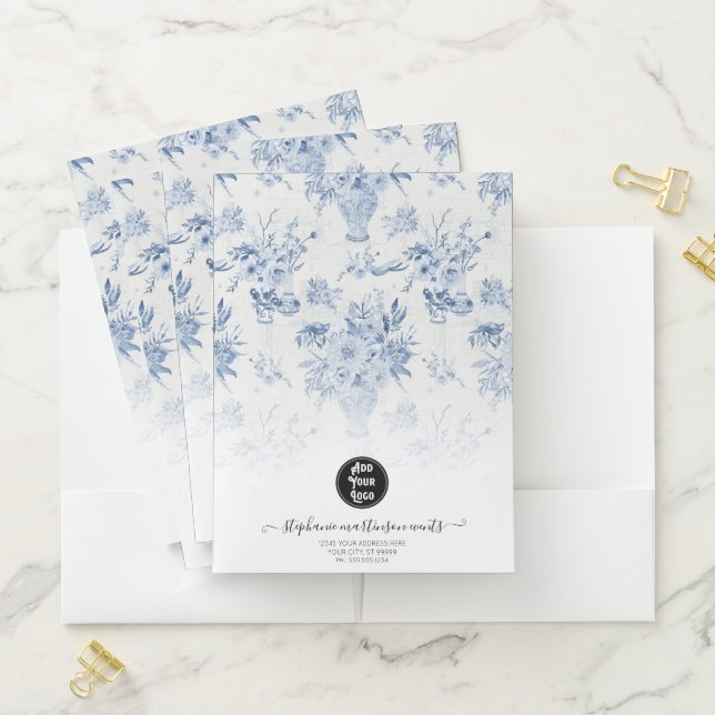 Elegant Chinoiserie Floral Blue and White Business Pocket Folder (In Situ)