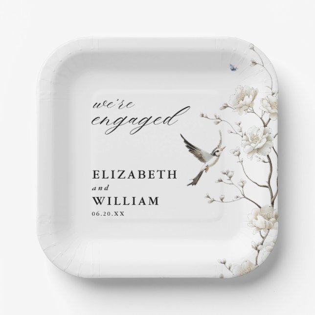 Elegant Chinoiserie Floral Garden Engagement Party Paper Plates (Front)