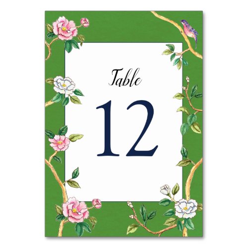 Elegant Chinoiserie Floral Green  White  Table Number