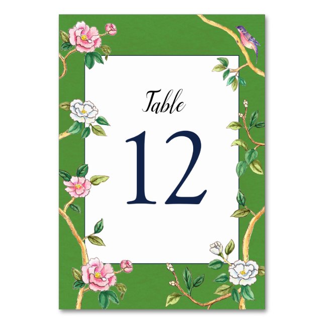 Elegant Chinoiserie Floral Green & White  Table Number (Front)