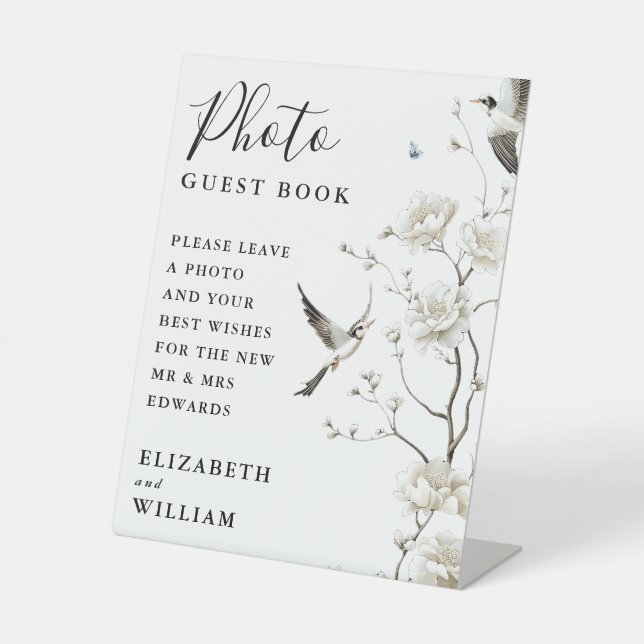 Elegant Chinoiserie Floral Photo Guest Book  Pedestal Sign (Front)