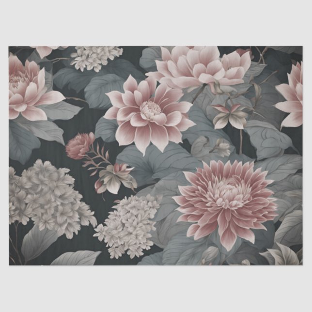 Elegant Chinoiserie Florals Grey Raspberry Tissue Paper (Front)