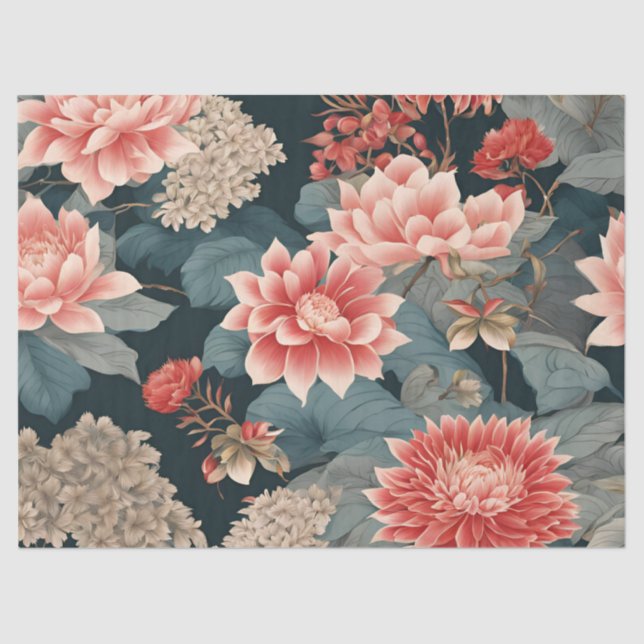 Elegant Chinoiserie Florals Teal Peach Tissue Paper (Front)