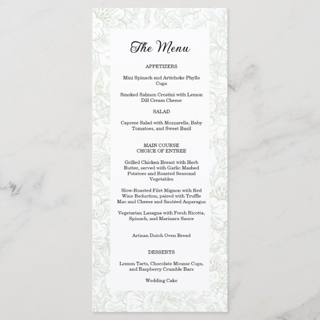 Elegant Chinoiserie Green Floral Wedding Menu (Front)