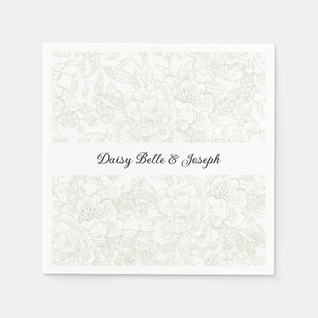 Elegant Chinoiserie Green Floral Wedding Napkins (Front)