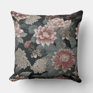 Elegant Chinoiserie Grey and Raspberry Florals Throw Pillow